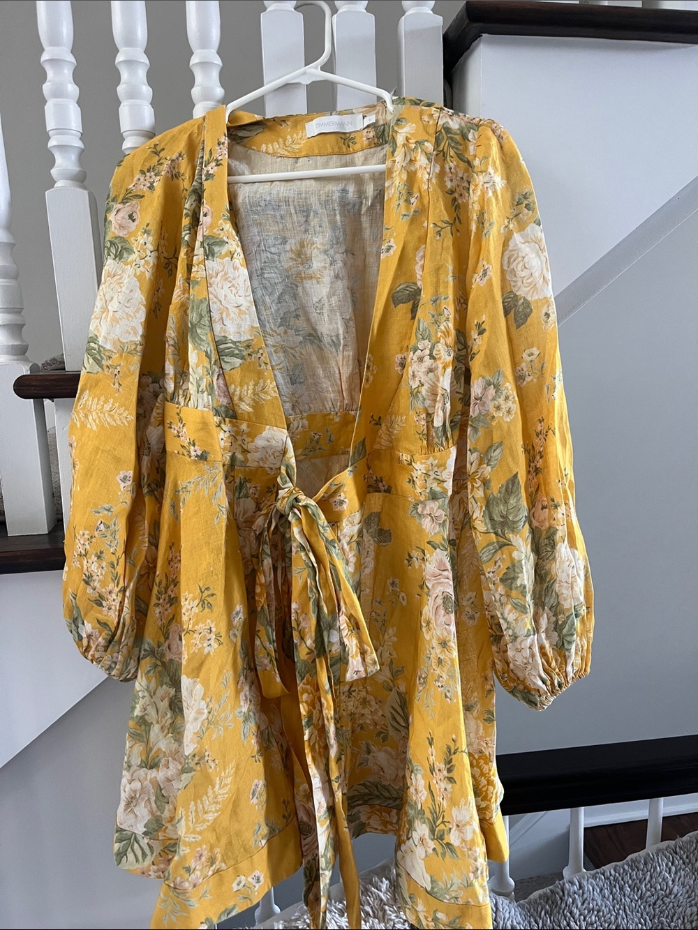 Zimmermann Mustard Floral Tie-Front Long Sleeve Dress